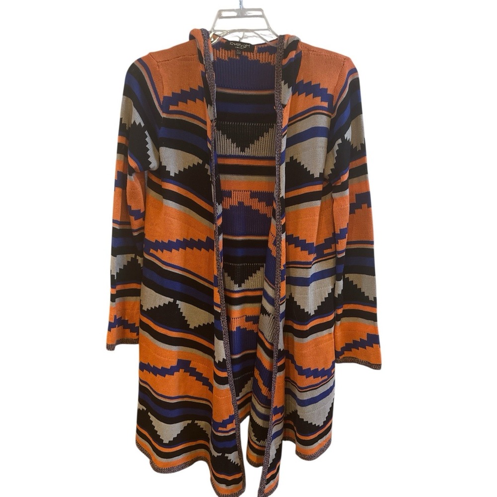 Lovely Girl Aztec‎ Designed Woman's Long Open Cardigan Size M/L Hood